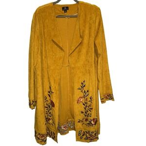 Curations Boho Long Western‎ Duster Large Yellow Faux Suede Floral Embroidered